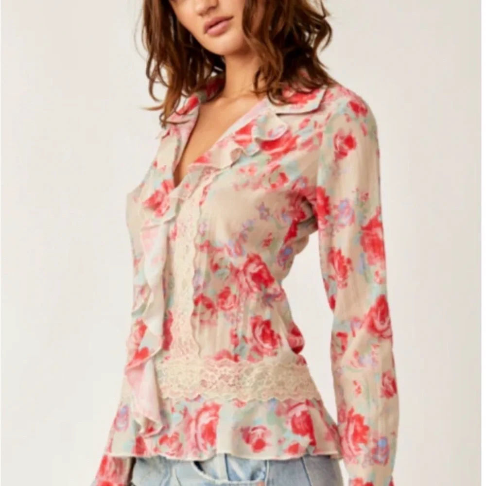 Free People Bad at Love Printed  Blouse in ivory with Pink and Red Roses